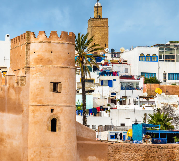 View of the Kasbah of the Udayas, a tan wall in the foreground and houses in the background with a palm tree and houses in the background in Rabat, Morocco.