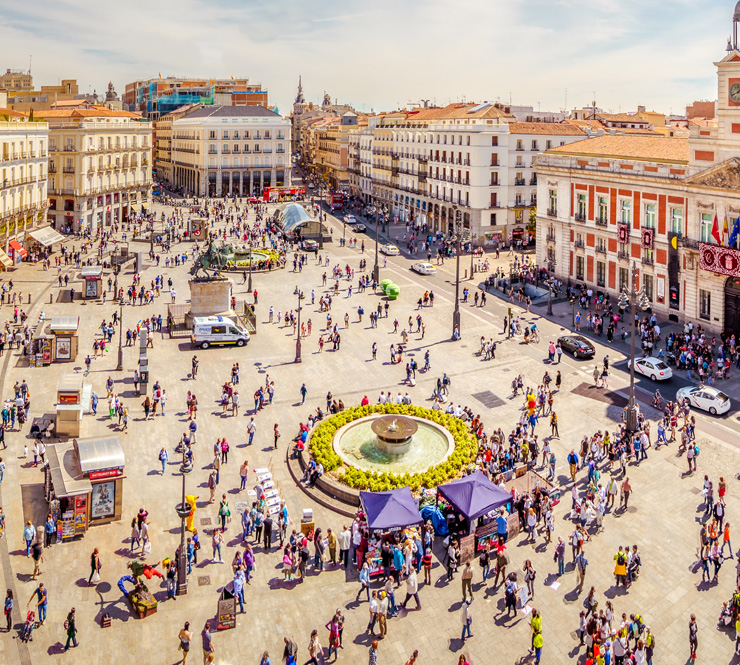 The Puerta del Sol square is the main public square in the city of Madrid, Spain