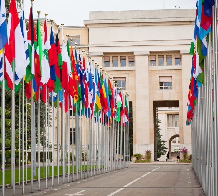Rows of national flags on the edges of the road leading to the United Nations Building in Geneva, Switzerland. a