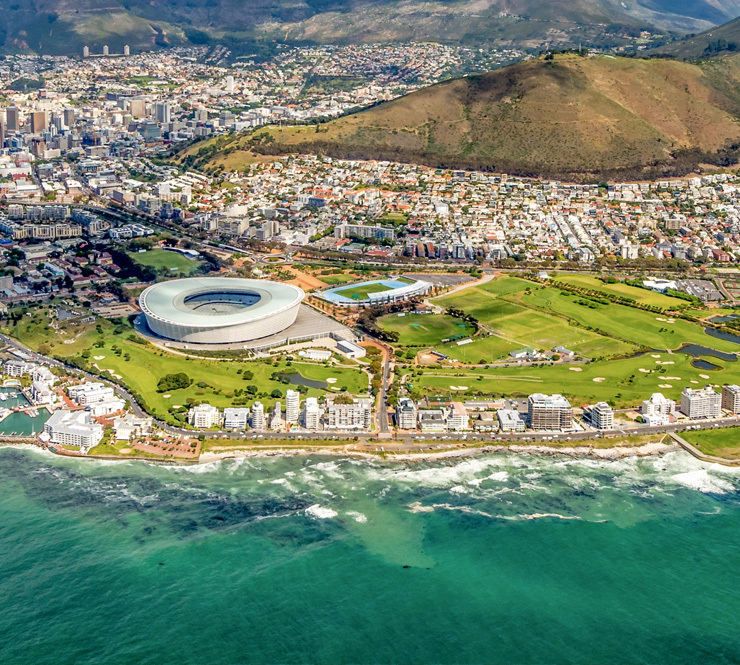 An aerial shot of Table Mountain and the Cape Peninsula in Cape Town South Africa