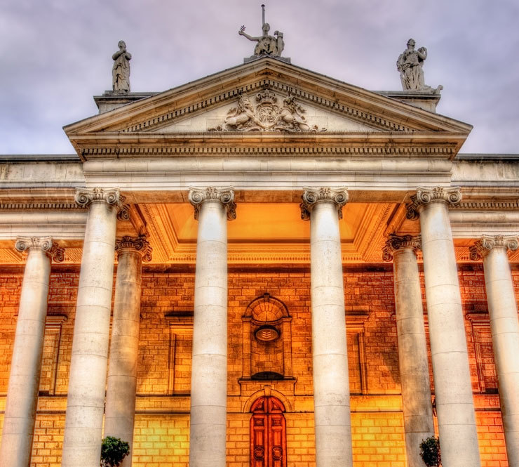 A building shot of the Irish Parliament house in Dublin, Ireland. 