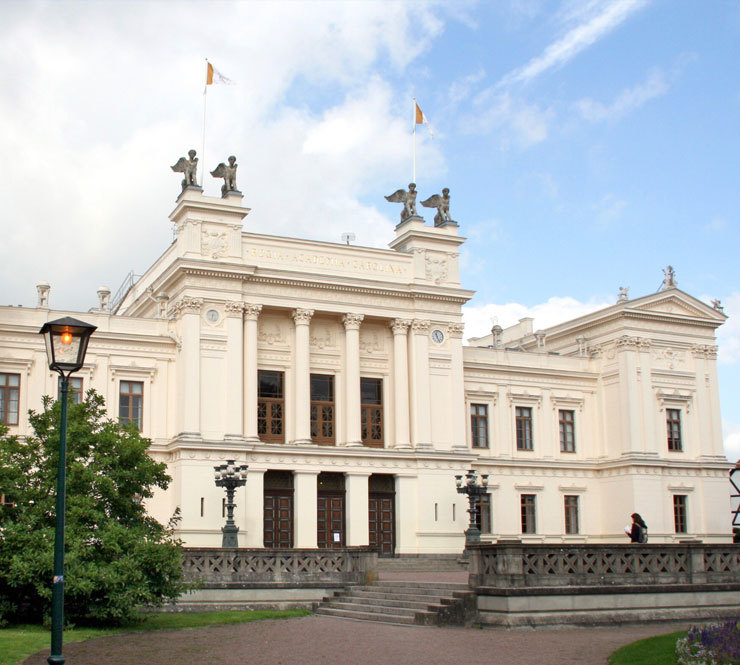 A grand white building on the campus grounds of Lund University in Lund, Sweden.