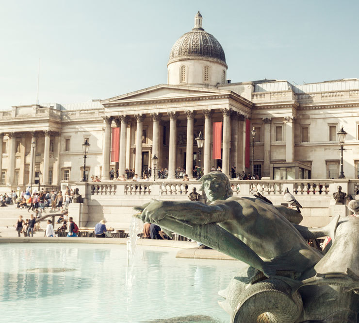 A view Trafalgar Square and The National Gallery in London, England. 