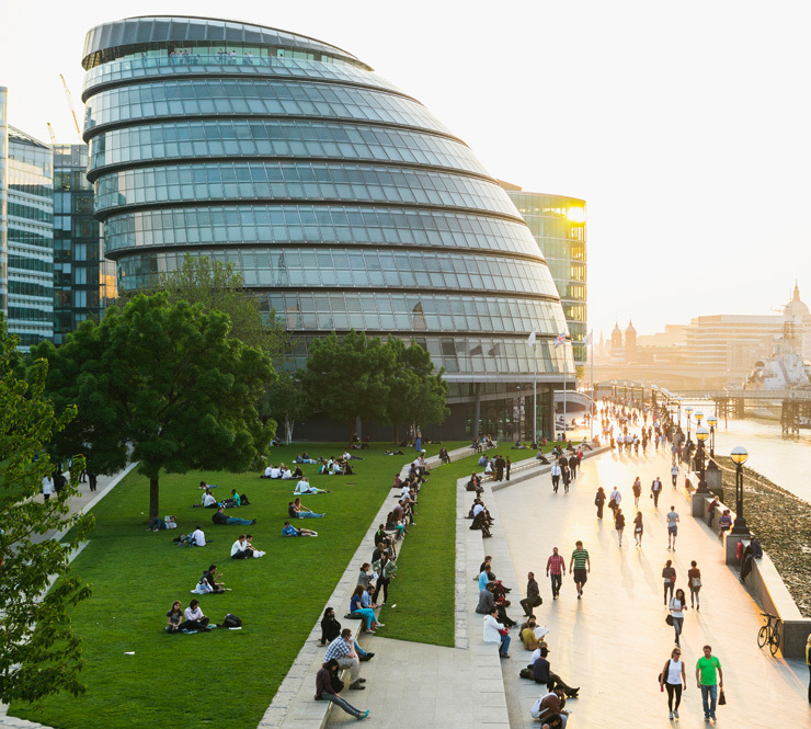 A shot of London's City Hall with a view of the River Thames. 