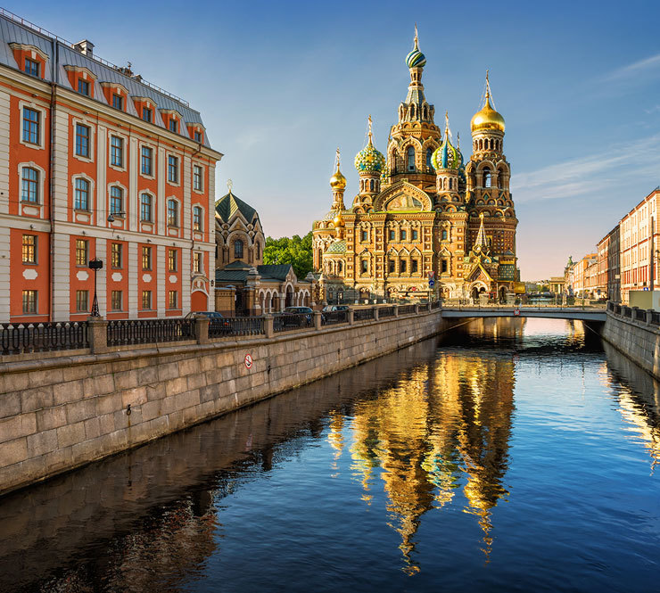 The Cathedral of Our Savior on Spilled Blood with reflection in Neva River in St. Petersburg, Russia. 