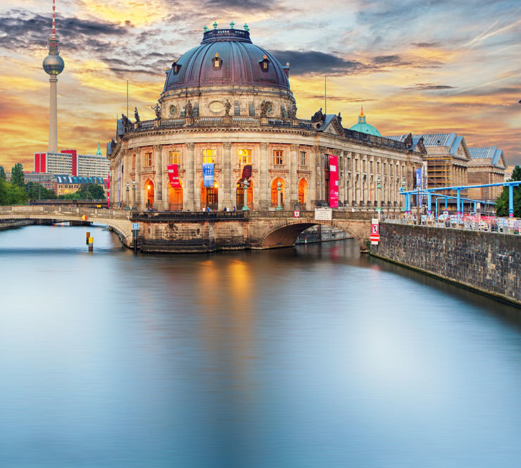 Museum island on Spree river and Alexanderplatz TV tower in the center of Berlin, Germany.