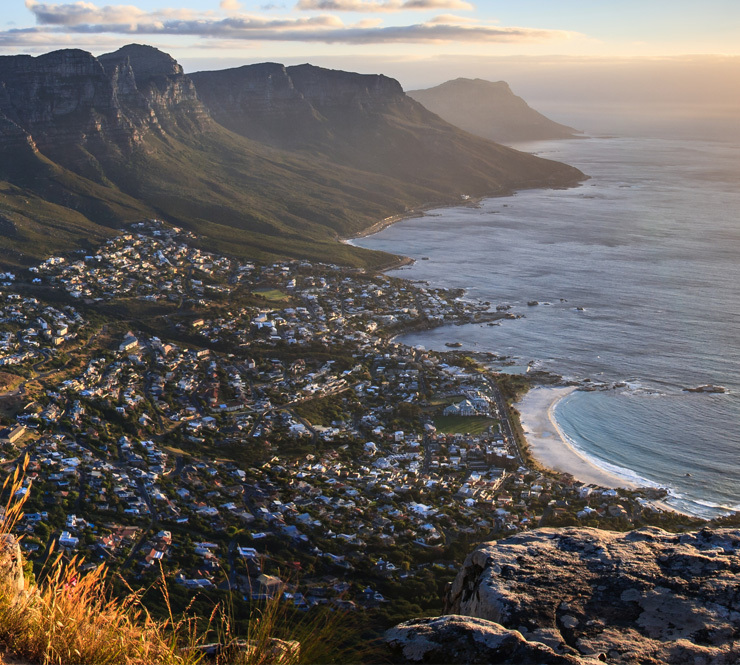 Aerial landscape shot of Table mountain and the coast in Cape Town, South Africa