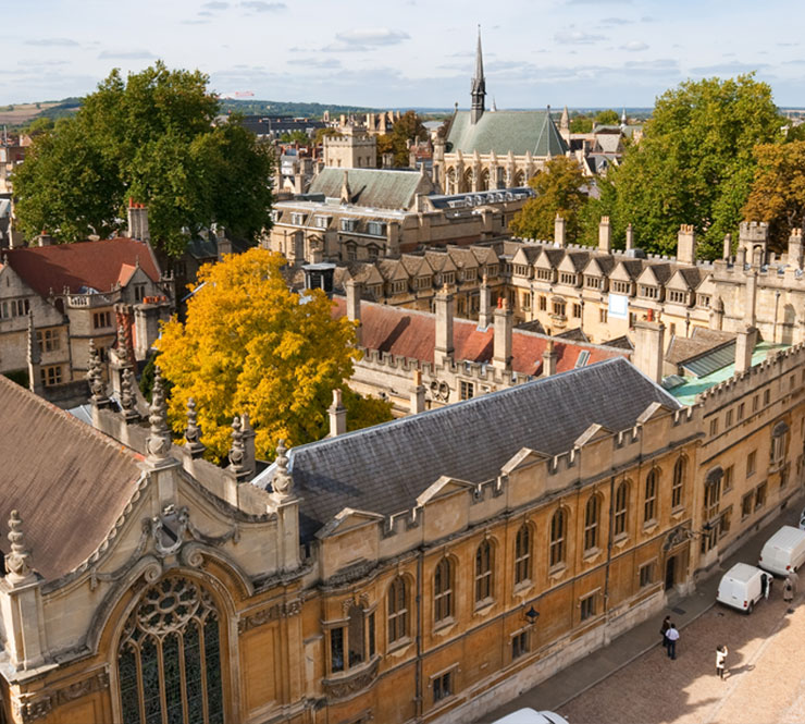 Bird's-eye view of Exeter College buildings and trees in Oxford, England