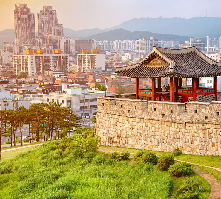 View of Suwon Hwaseong Fortress that surrounds the downtown area of Suwon City in Korea. 