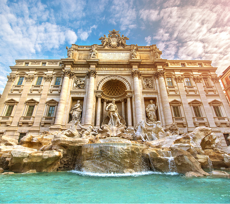 View of the iconic Trevi Fountain in Rome, Italy. 