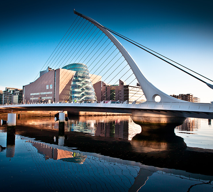 Samuel Beckett Bridge over the River Liffey with the Convention Centre, Dublin.