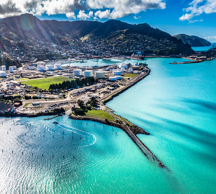Panoramic view of tourquise ocean around Lyttelton Harbour, one of two major inlets in Banks Peninsula, on the coast of South Island, Canterbury, New Zealand.