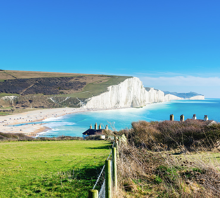 View of white Seven Sisters Cliffs in the South Downs, Sussex, UK
