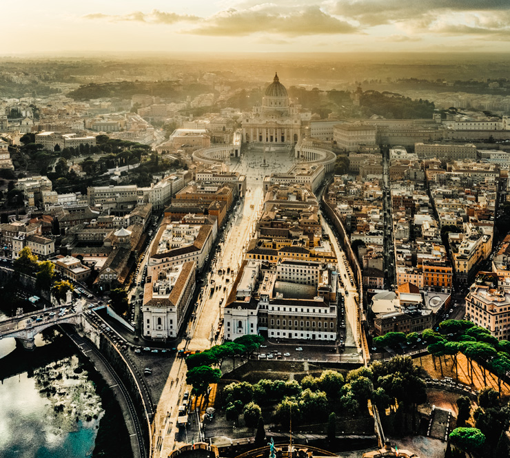 A daytime aerial view of Rome, Italy. 