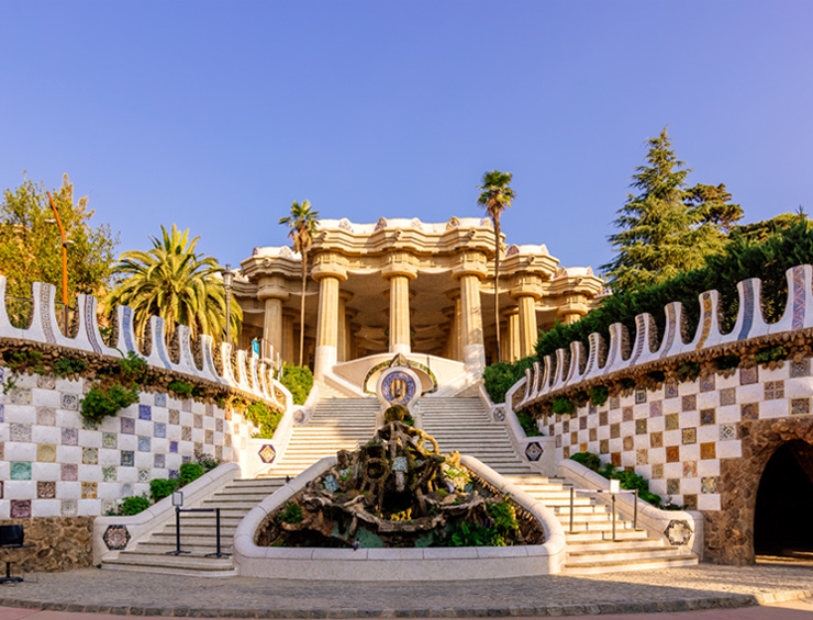 The entrance to the public park, Park Guell on a sunny day in Barcelona, Spain.