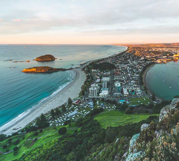View from the summit of Mauao, or Mount Maunganui, Tauranga, Bay of Plenty, North Island, New Zealand.