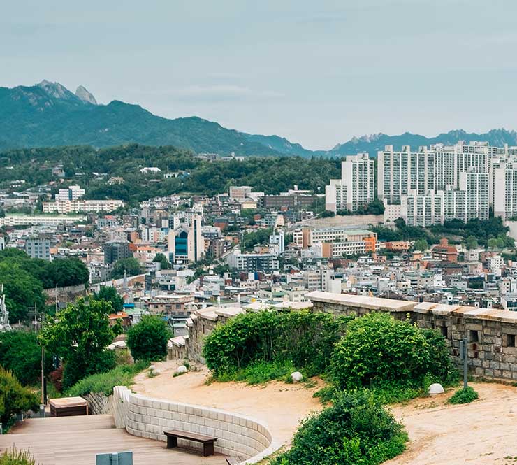 Naksan Park fortress wall road and Seoul cityscape in Seoul, South Korea