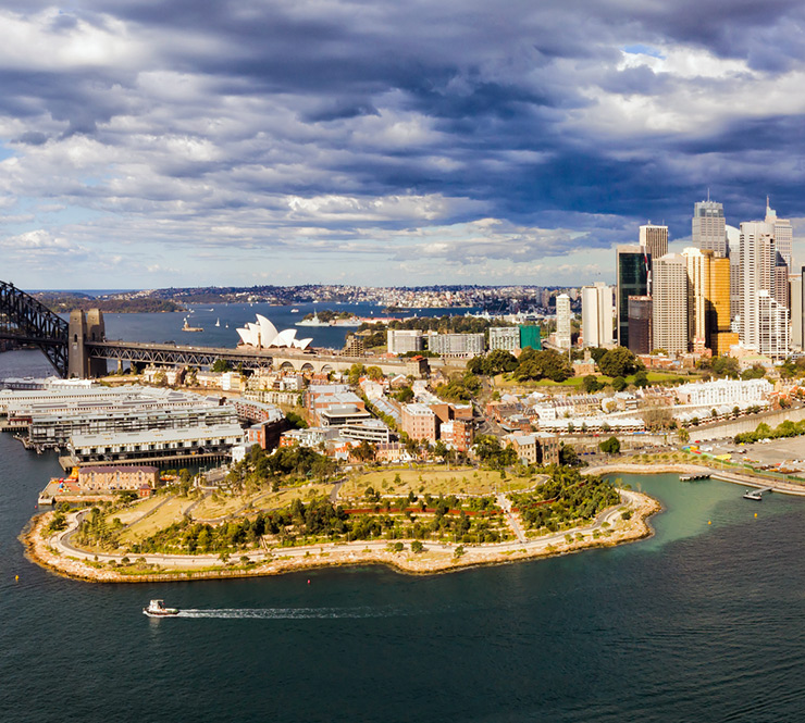 Aerial view of Sydney City business district between the Sydney Harbour bridge and Pyrmont on a sunny day