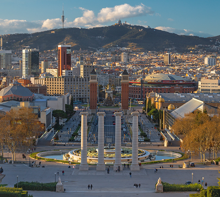 Panorama from the Palace Real with the Plaza Espana at the sunset light, Barcelona