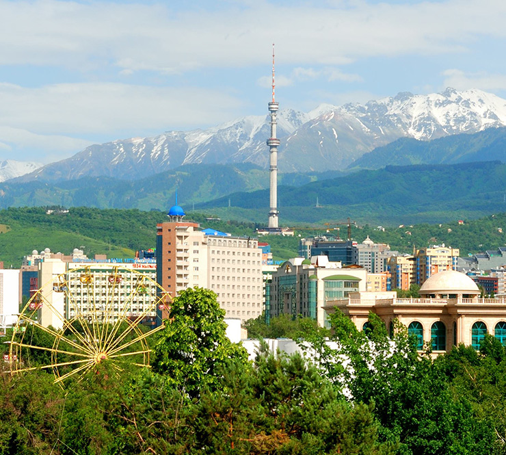 Panoramic view of the city of Almaty, Kazakhstan on a sunny day.