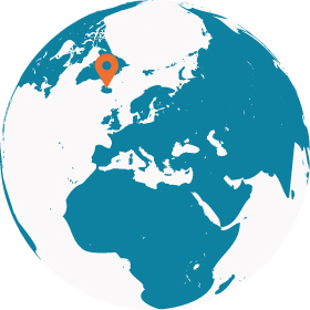 Globe of the world with a geographic pin on Iceland