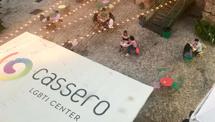 A shot of the Cassero LGBTI Center sign from above 