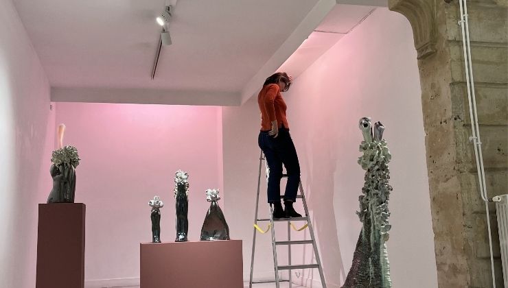 Setting up installation at art internship in Paris, France