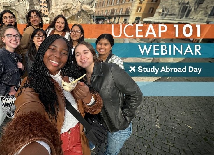 Group of students take a selfie in front of an ornate Italian fountain.