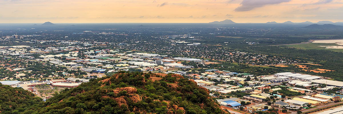 Aerial view of rapidly sprawling Gaborone city spread out over the savannah, Gaborone, Botswana