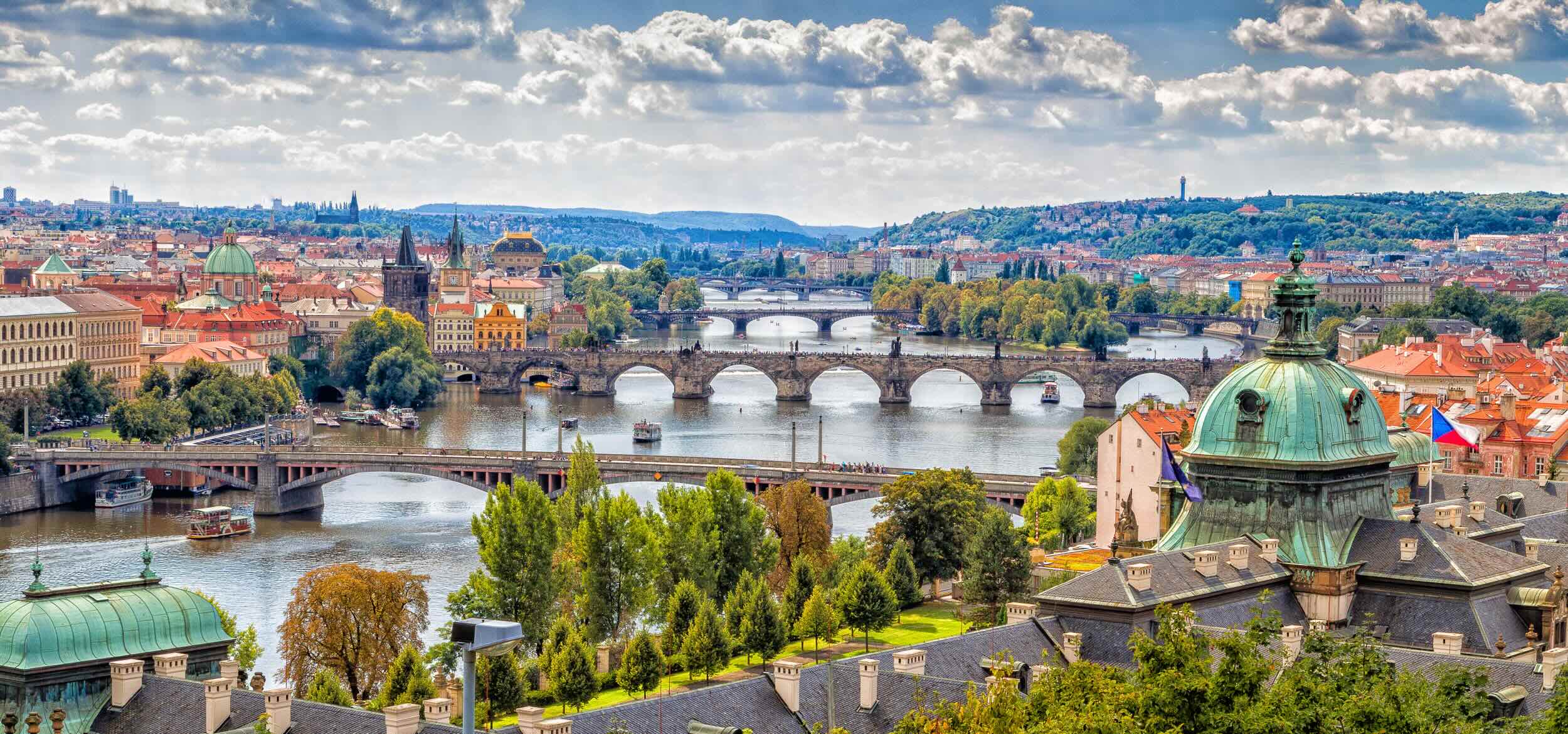 A view of bridges on the Vltava river and the historical center in Prague, Czech Republic.