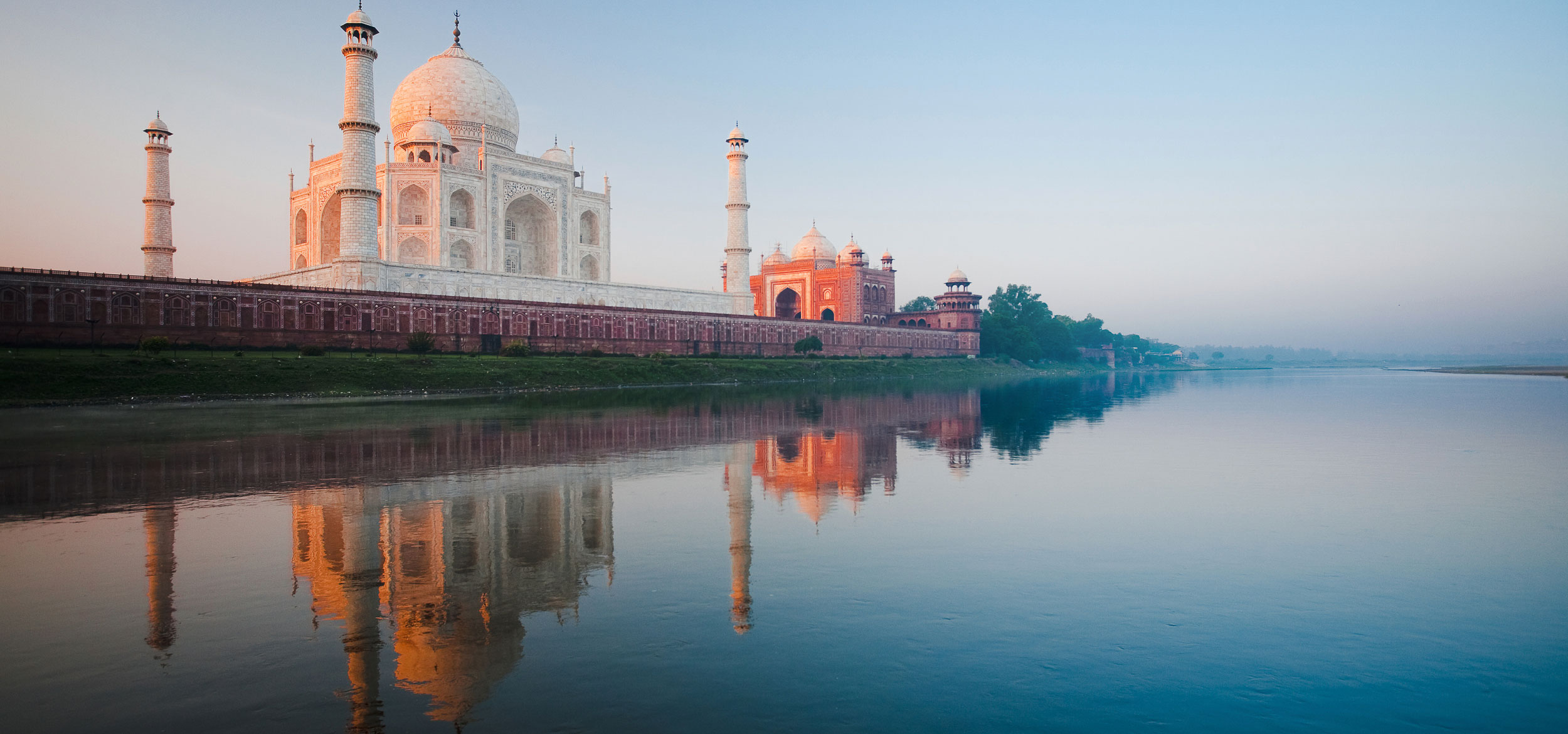 View of the Taj Mahal from Yamuna River in Agra, India.