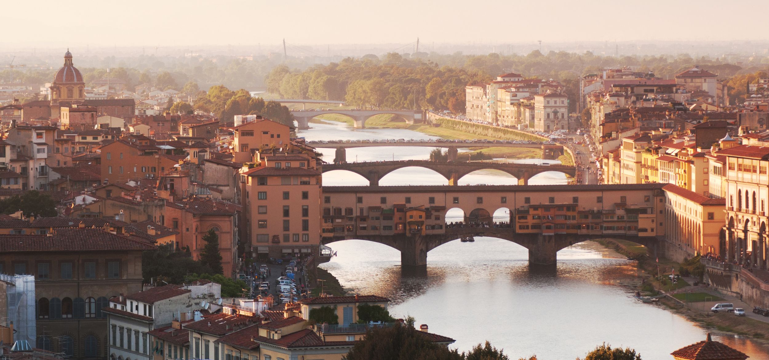 View of the Ponte Vecchio seen from Piazzale Michelangelo, in Florence Italy.