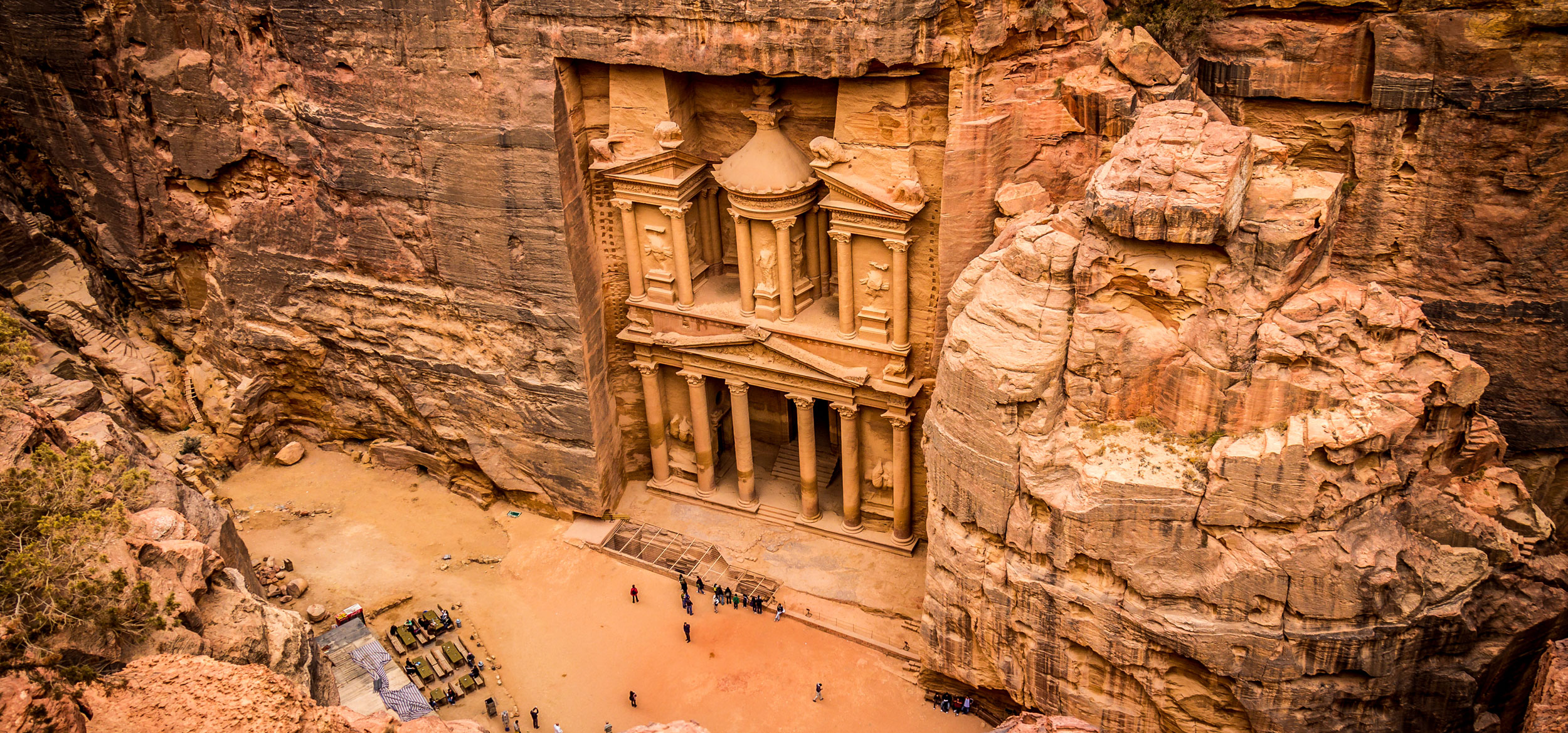 An aerial view of the Treasury at the famous archaeological site of Petra in Jordan.