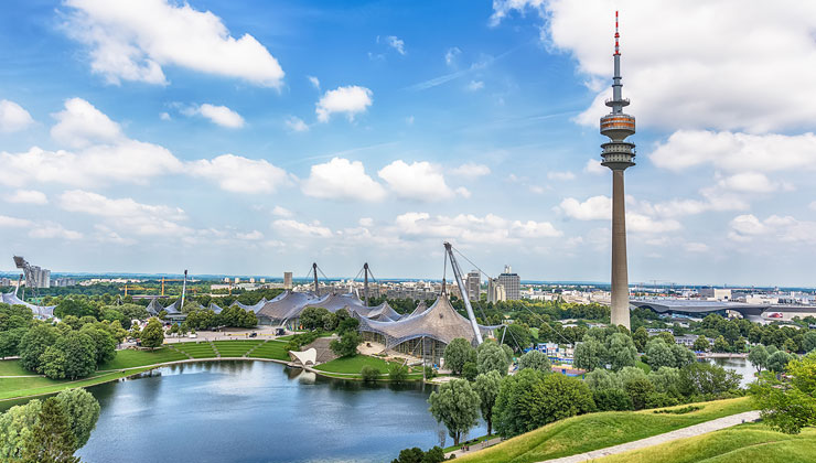 Panoramic view over the Olympiapark in Munich, Germany. The park was built for the Olympic Games in 1972.
