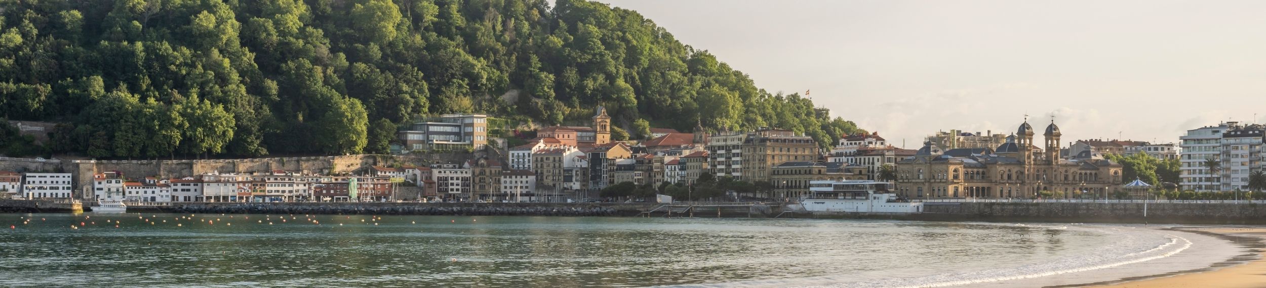 Old Spanish city buildings sit on a shoreline below a large tree-covered hill