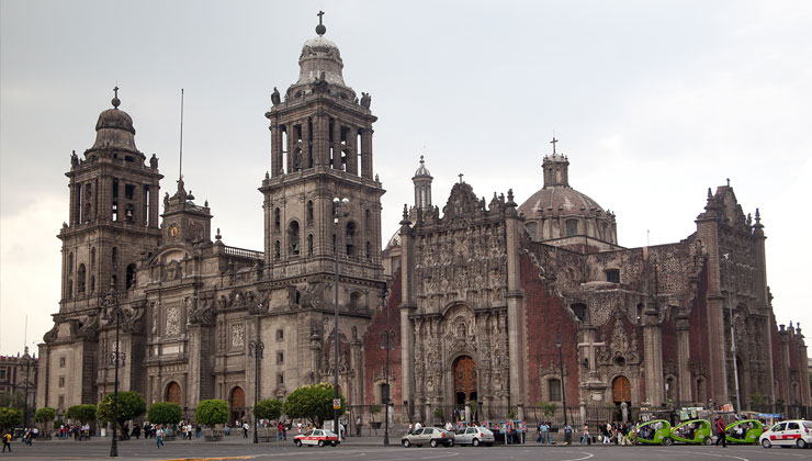 The Metropolitan Cathedral of the Assumption of the Most Blessed Virgin Mary into Heavens on an overcast day in Mexico City, Mexico.