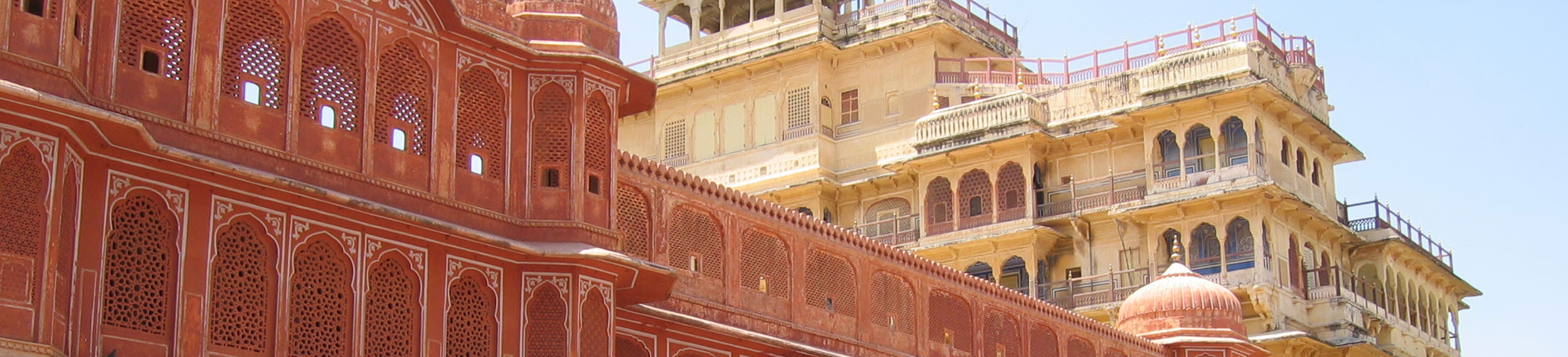The Pink Palace in Jaipur, India, on a bright, sun shiny day.