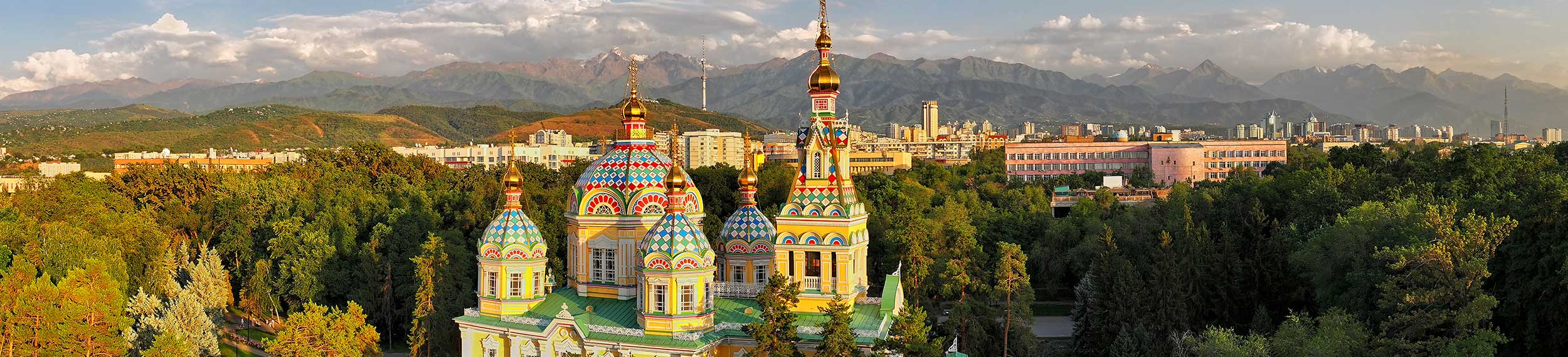 View of the Ascension Cathedral in the Kazakh city of Almaty on a summer evening