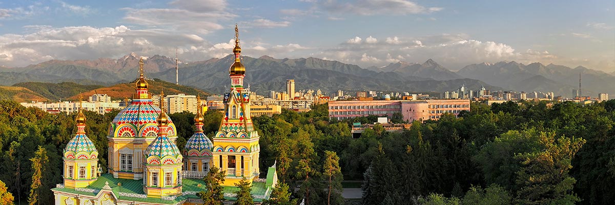 View of the Ascension Cathedral in the Kazakh city of Almaty on a summer evening