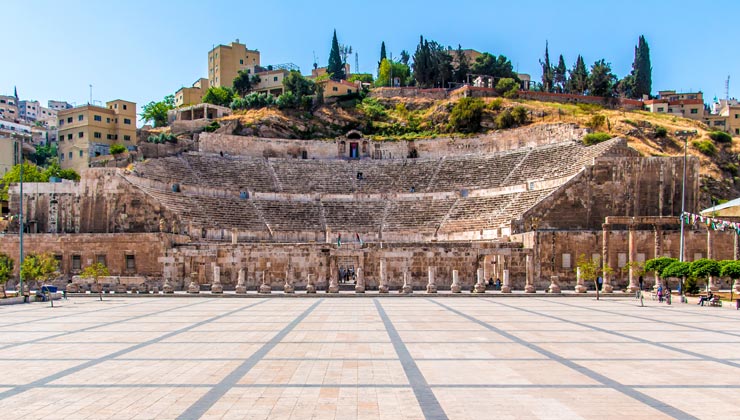 View of Roman Theater on a sunny day in Amman, Jordan.