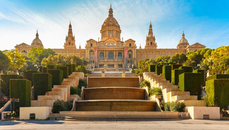 Museu Nacional d'Art de Catalunya with fountains and building in Barcelona, Spain.