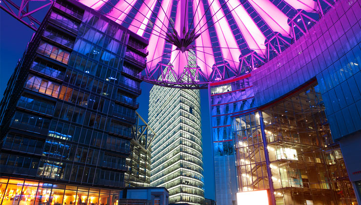 Sony Center at night in Berlin Germany.