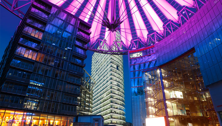 Sony Center at night in Berlin Germany. 