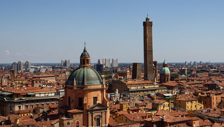 Panoramic view of the old medieval town center of Bologna. Cityscape from the panoramic terrace of San Petronio. Bologna, Emilia-Romagna, Italy.