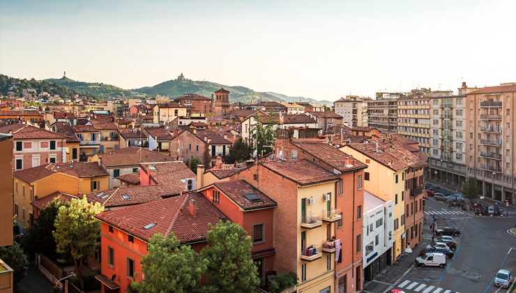 Aerial view of Bologna rooftops in Bologna, Italy.