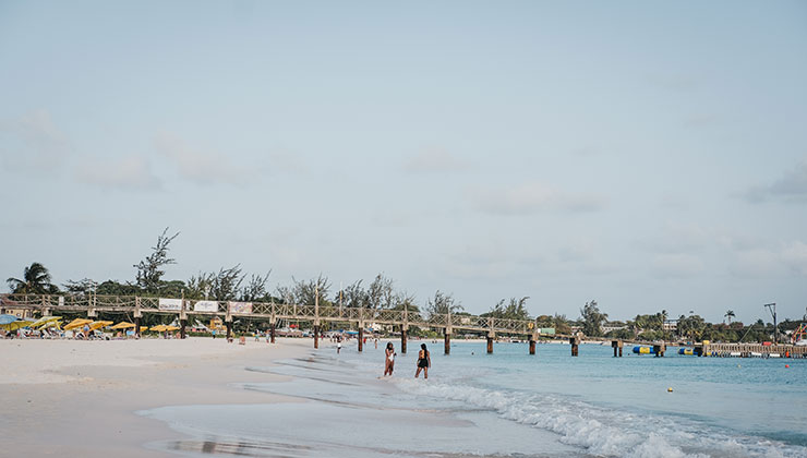 View of Carlisle Bay in Bridgetown, Barbados, at dusk.