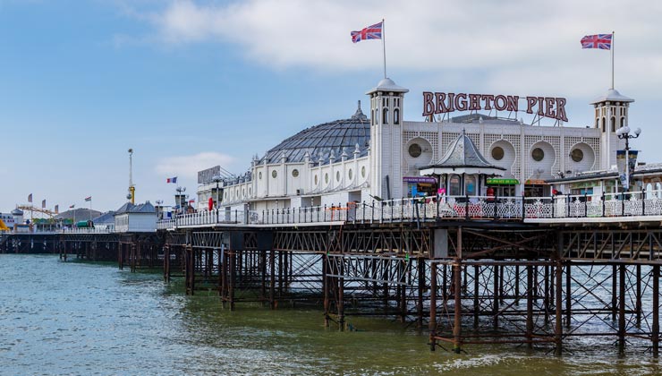 View of the whole Palace Pier in Brighton, England.