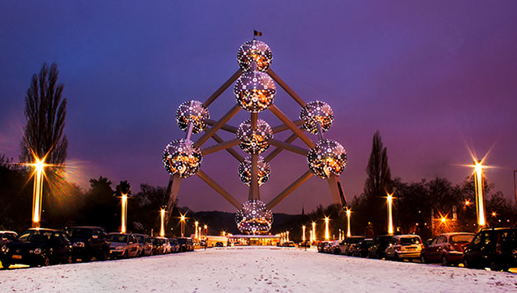 Molecule structure with a purple sky and snow in Brussels Belgium.  