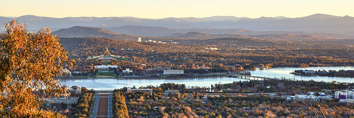 Sunset on Canberra City, autumn, Brindabella hills. 