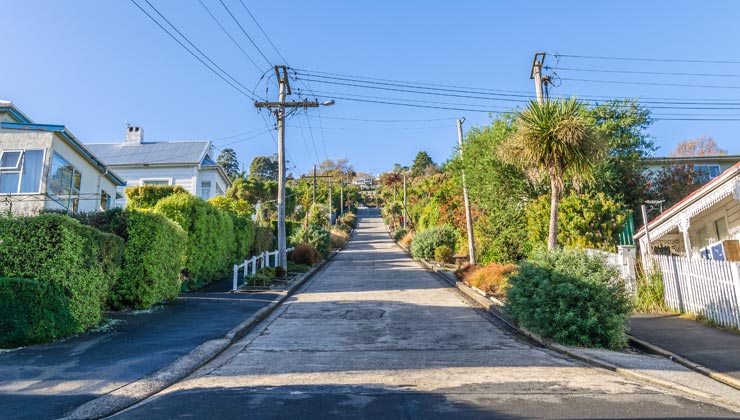 Street view of Baldwin Street the steepest street in the world.